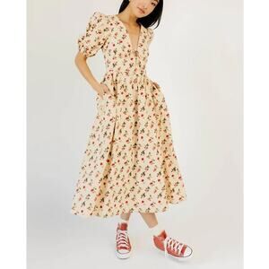Zoco Adeline Midi Dress Roses Floral Puff Sleeve A-Line Tan Cottage Prairie XL